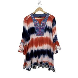CALEOAS Tie Dye Tunic Top Plus Sz 1X Peasant Boho Embroidery Aztec Bell Sleeve